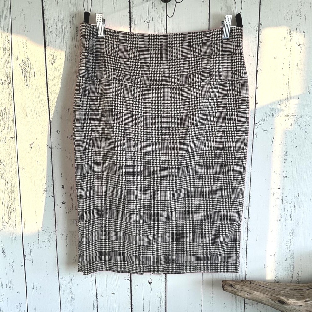Pencil Skirt 14 Black White Glen Plaid Houndstooth Lined Knee Length Wiggle